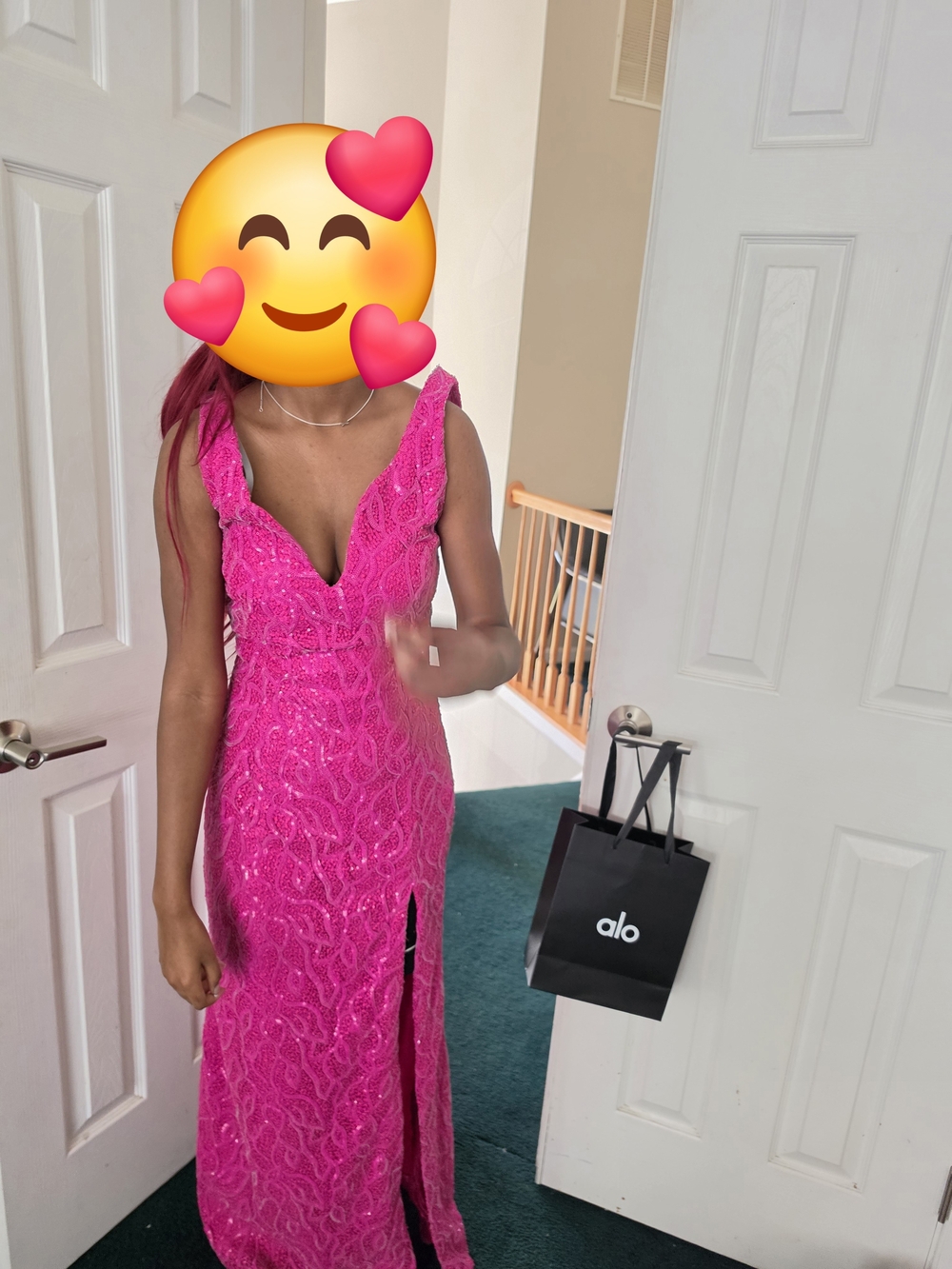 Hot Pink Beaded Evening Gown with Deep V-Neck